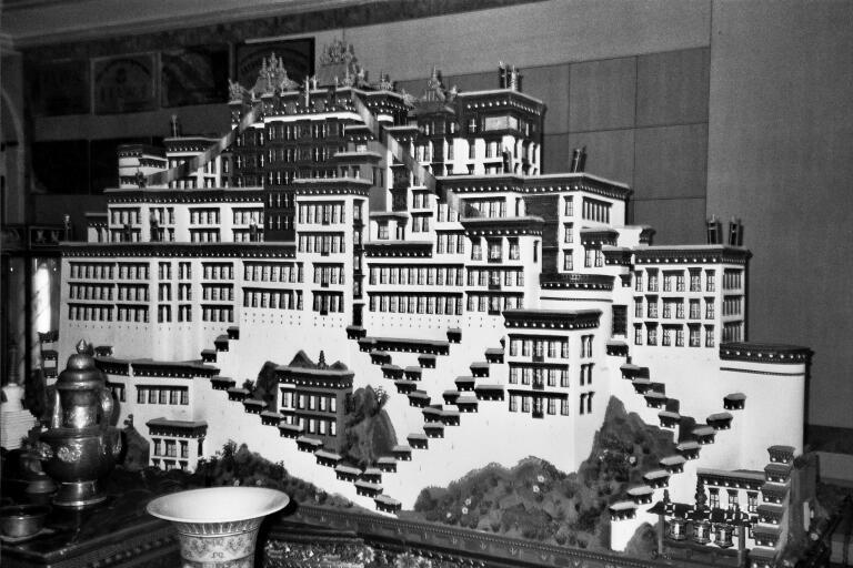 B&W-Model of Potala Palace in hotel lobby.jpg